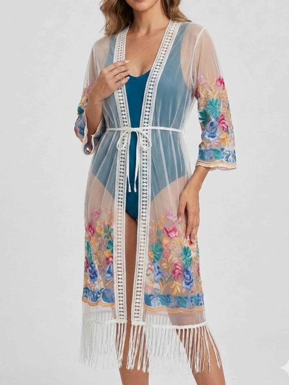 Asha Kimono/Swim coverup/Topper Embroidery One Size